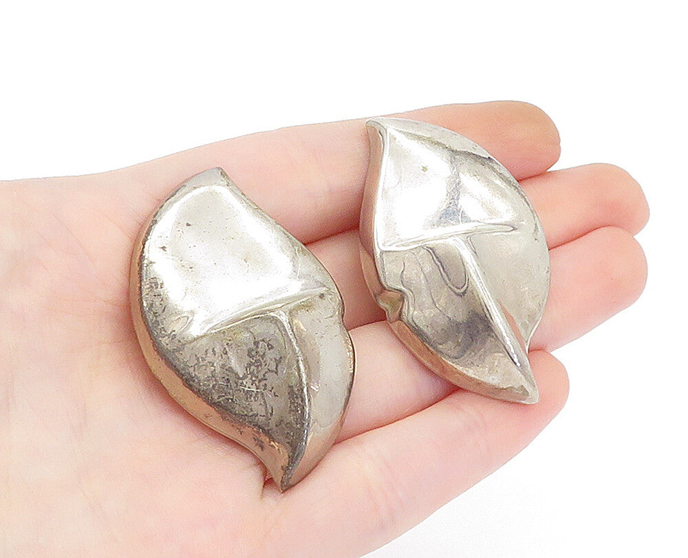 MEXICO 925 Sterling Silver  Vintage Modernist Leaf Non Pierce Earrings EG2237