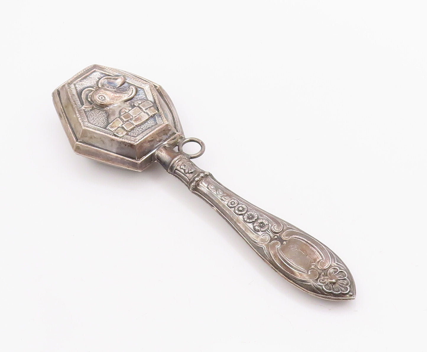 925 Sterling Silver Vintage Toy Antique Solid Carved Elephant Rattles  TR3770