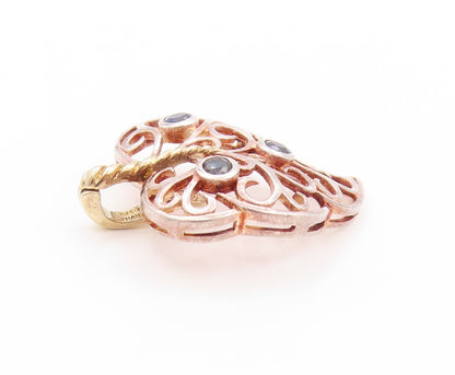 925 Sterling Silver Vintage Pendant Sapphire Swirly Heart Shape Leaf  PT24155