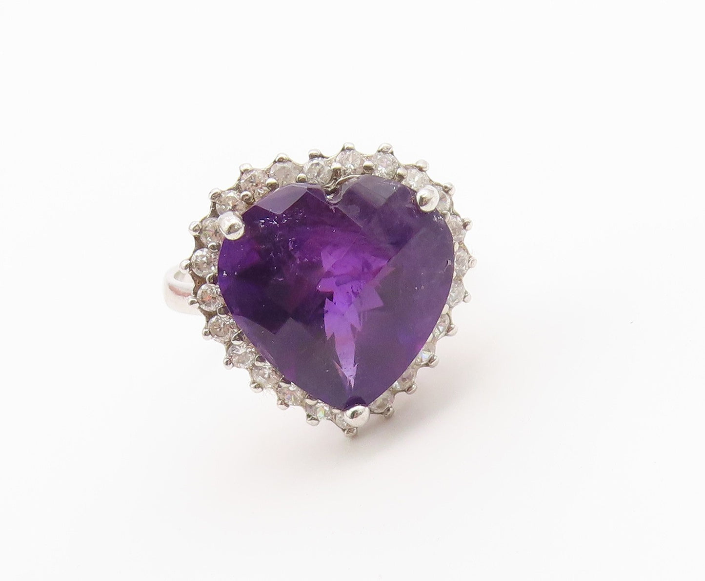 925 Sterling Silver Vintage Ring Amethyst Halo Topaz Love Heart  Sz 11  RG36738