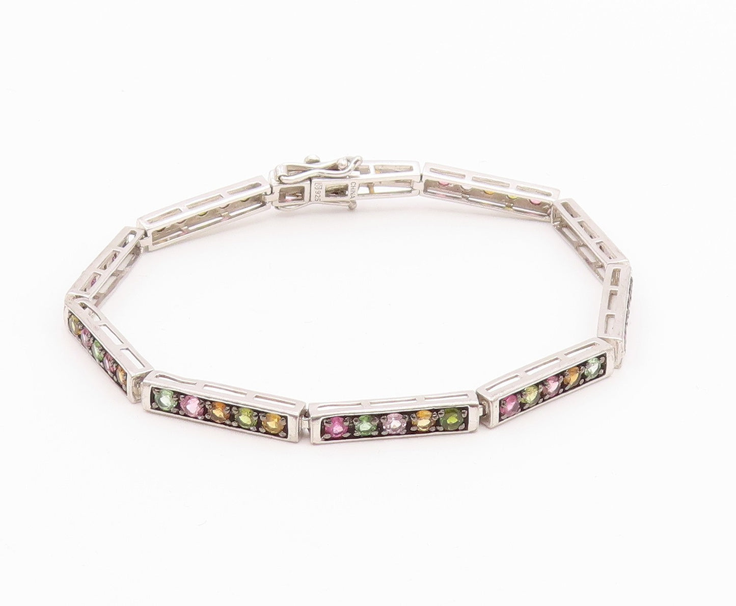 925 Sterling Silver Peridot & Multi Color Topaz Bar Chain Bracelet BT6855
