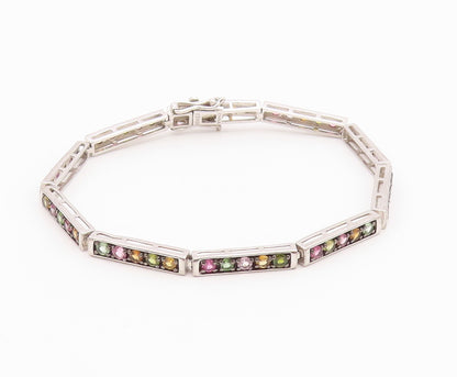 925 Sterling Silver Peridot & Multi Color Topaz Bar Chain Bracelet BT6855