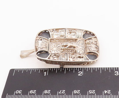 925 Sterling Silver Vintage Brooch Pin Egyptian Tribal Life Carved   BP11106