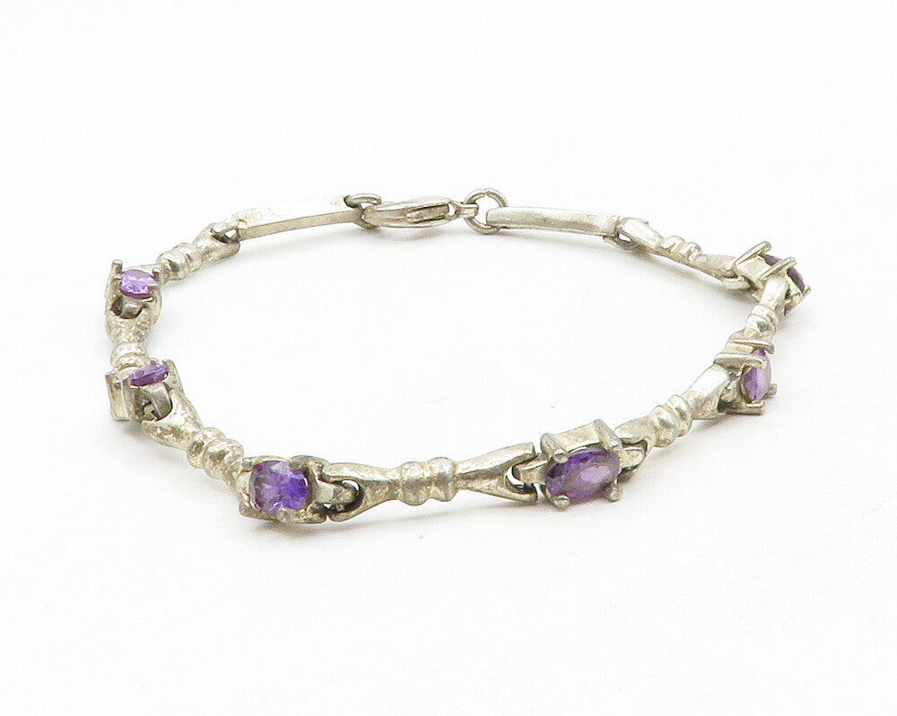 MEXICO 925 Sterling Silver Vintage Amethyst Bow Link Chain Bracelet BT5129