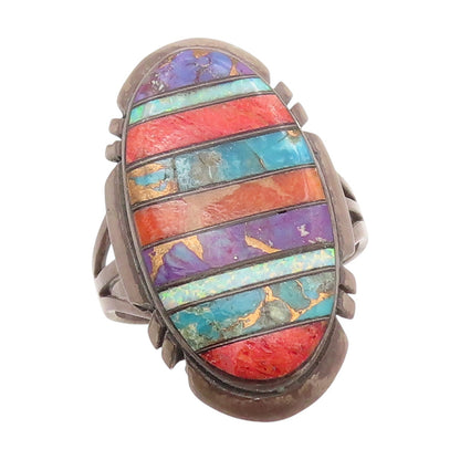 925 Sterling Silver Vintage Ring NAVAJO Multi Gemstone Inlay  Sz 10.5  RG34315
