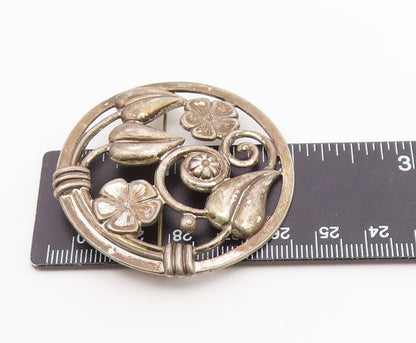 LANG 925 Silver  Vintage Dark Tone Floral Swirl Vine Round Brooch Pin  BP5505