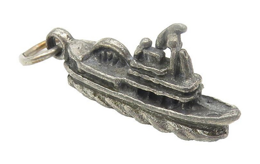 925 Sterling Silver  Vintage Dark Tone Ferry Boat Motif Drop Pendant  PT9078