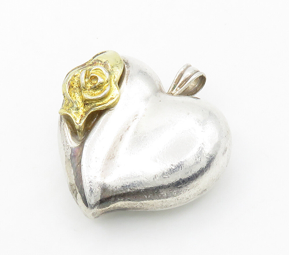 GORHAM 925 Silver  Vintage Two Tone Rose Flower Love Heart Pendant  PT11760