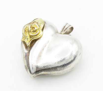 GORHAM 925 Silver  Vintage Two Tone Rose Flower Love Heart Pendant  PT11760