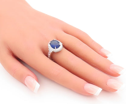925 Sterling Silver Vintage Ring Designer Oval Sapphire Halo CZ  Sz 7  RG29028
