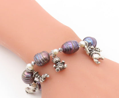 925 Sterling Silver  Vintage Blue & White Pearls Teddy Charm Bracelet  BT2607