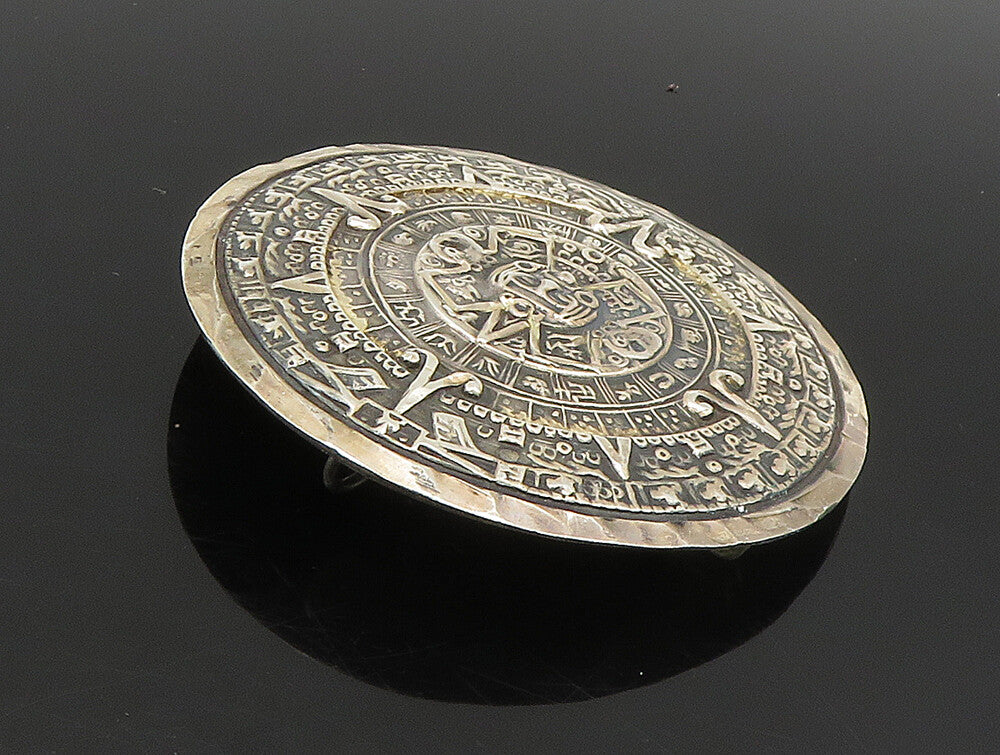 MEXICO 925 Sterling Silver Vintage Mayan Aztec Sun Calendar Brooch Pin BP9309