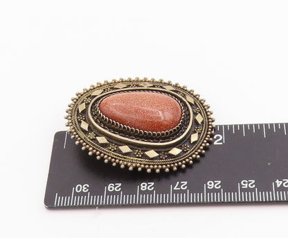 925 Sterling Silver Vintage Brooch ISRAEL Cabochon Goldstone Wirework  BP11962