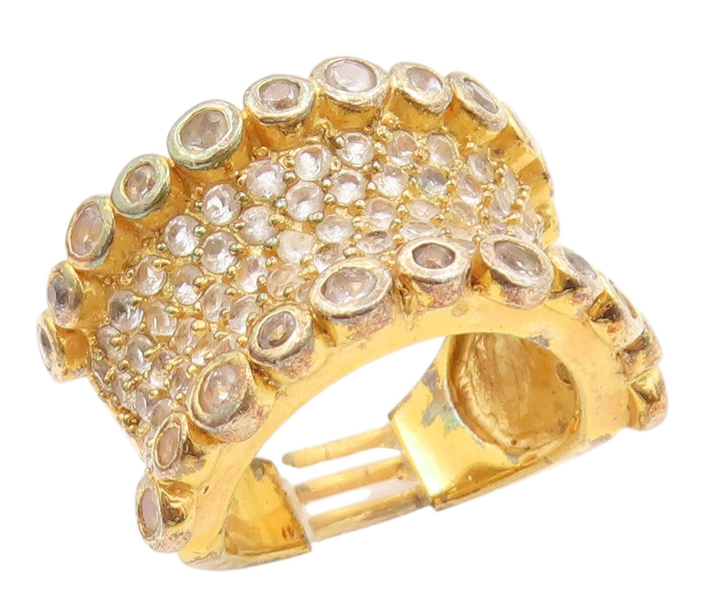 925 Sterling Silver Vintage Ring Gold Plated White Topaz Wide Band Sz 7 RG35691