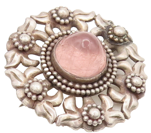 925 Sterling Silver Vintage Brooch Morganite Halo Carved Floral Design  BP10578