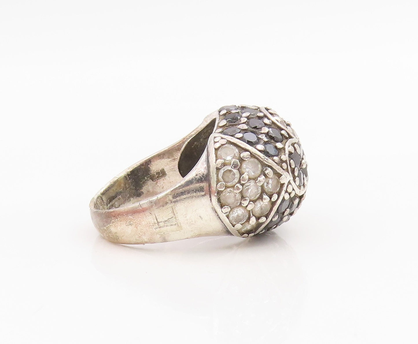 925 Sterling Silver Vintage Ring White & Black CZ Cluster Dome  Sz 8.5  RG34195
