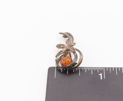 925 Sterling Silver Vintage Brooch Pin Solid Cutout Floral Loop Amber  BP10714
