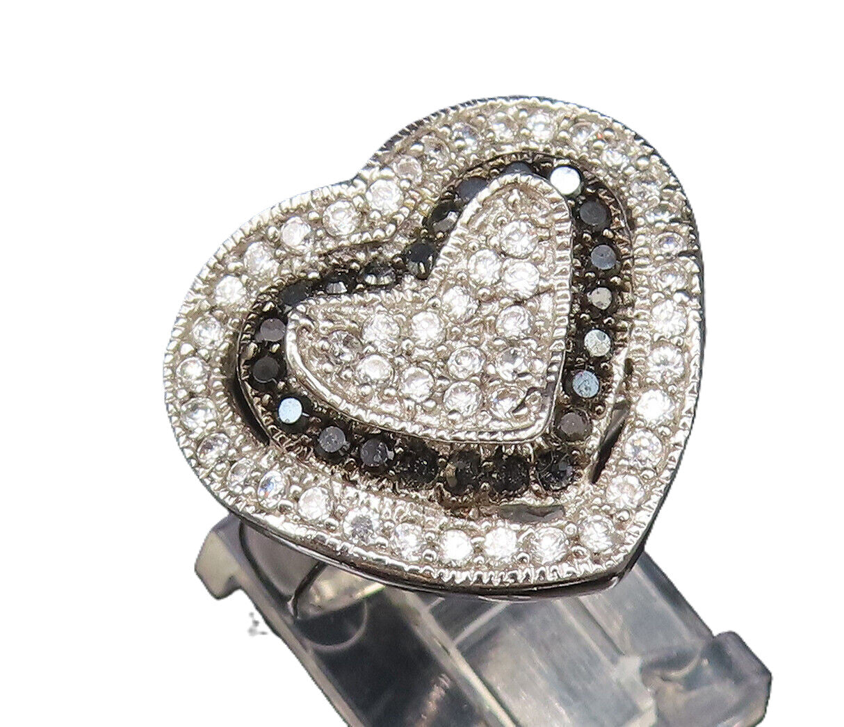 925 Silver  Vintage White Topaz & Black Spinel Heart Shaped Ring Sz 6  RG26031