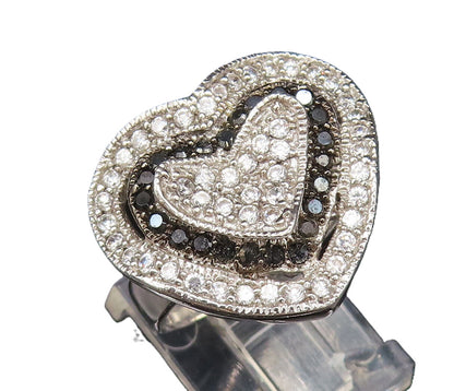 925 Silver  Vintage White Topaz & Black Spinel Heart Shaped Ring Sz 6  RG26031