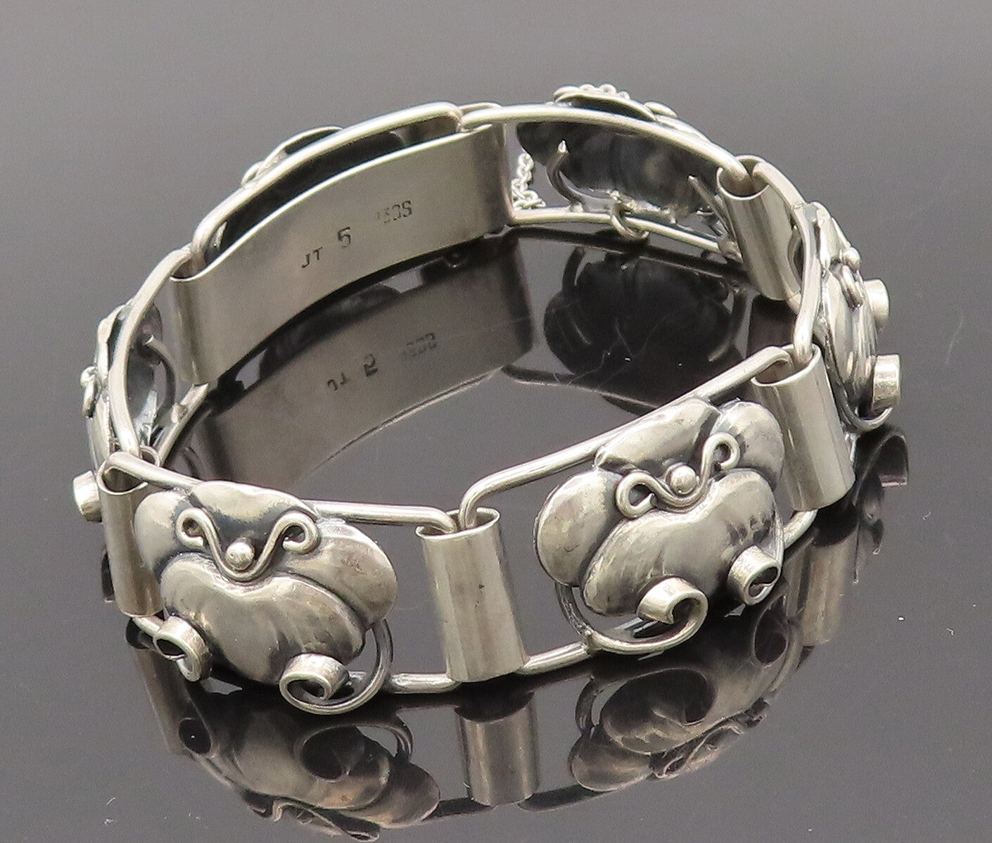 925 Sterling Silver Vintage Bracelet DENMARK Link Carved Framed Flower  BT10218