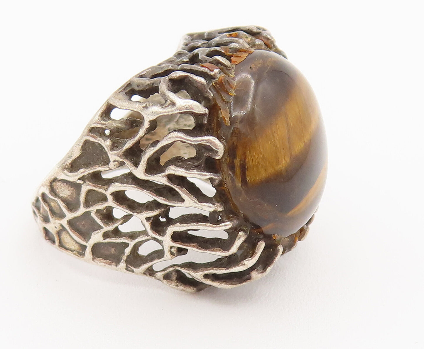 ISRAEL 925 Silver  Vintage Openwork Shank Tiger's Eye Ring Sz 8.5  RG26217