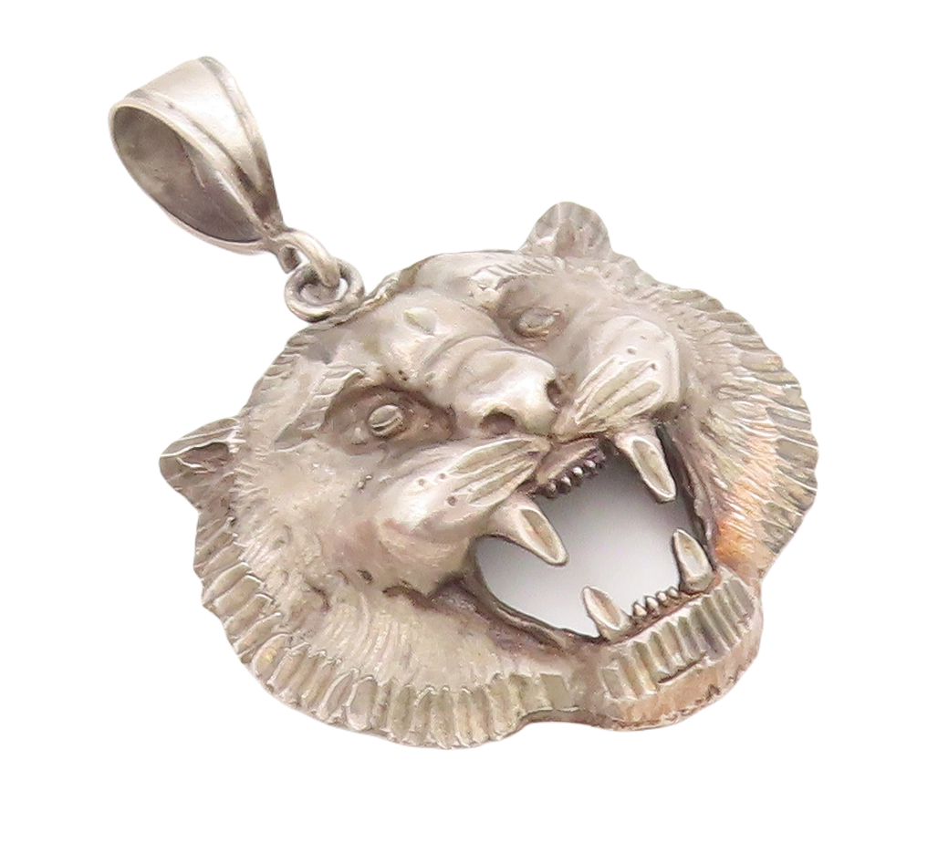 925 Sterling Silver Vintage Pendant Dark Tone Angry Roaring Tiger  PT23886