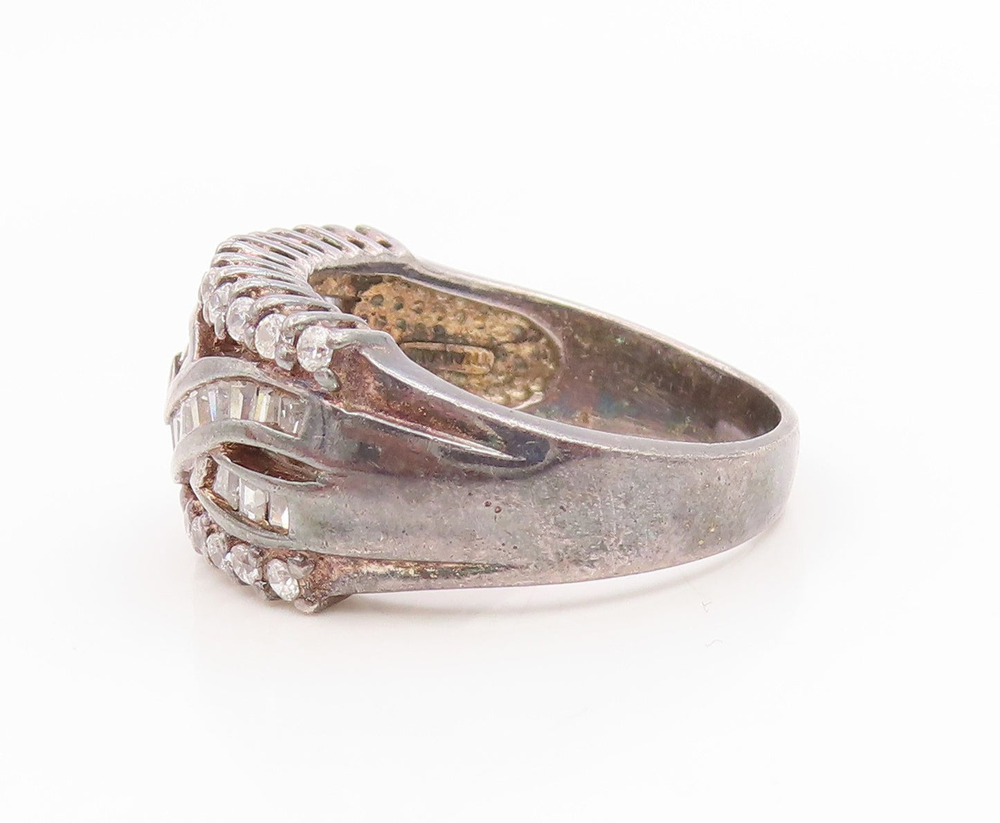 925 Sterling Silver Vintage Ring Round & Baguette Cut CZ Crossover Sz 10 RG35984