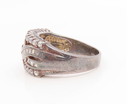 925 Sterling Silver Vintage Ring Round & Baguette Cut CZ Crossover Sz 10 RG35984
