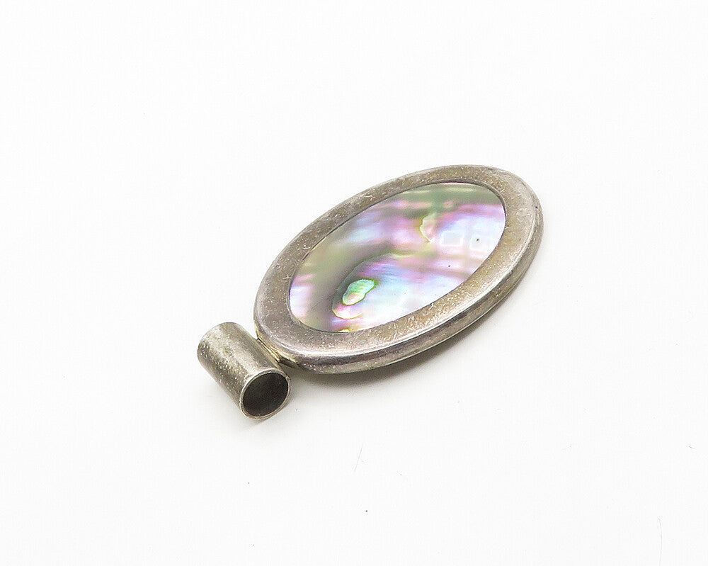 925 Sterling Silver  Vintage Inlaid Abalone Shell Shiny Oval Pendant  PT15397