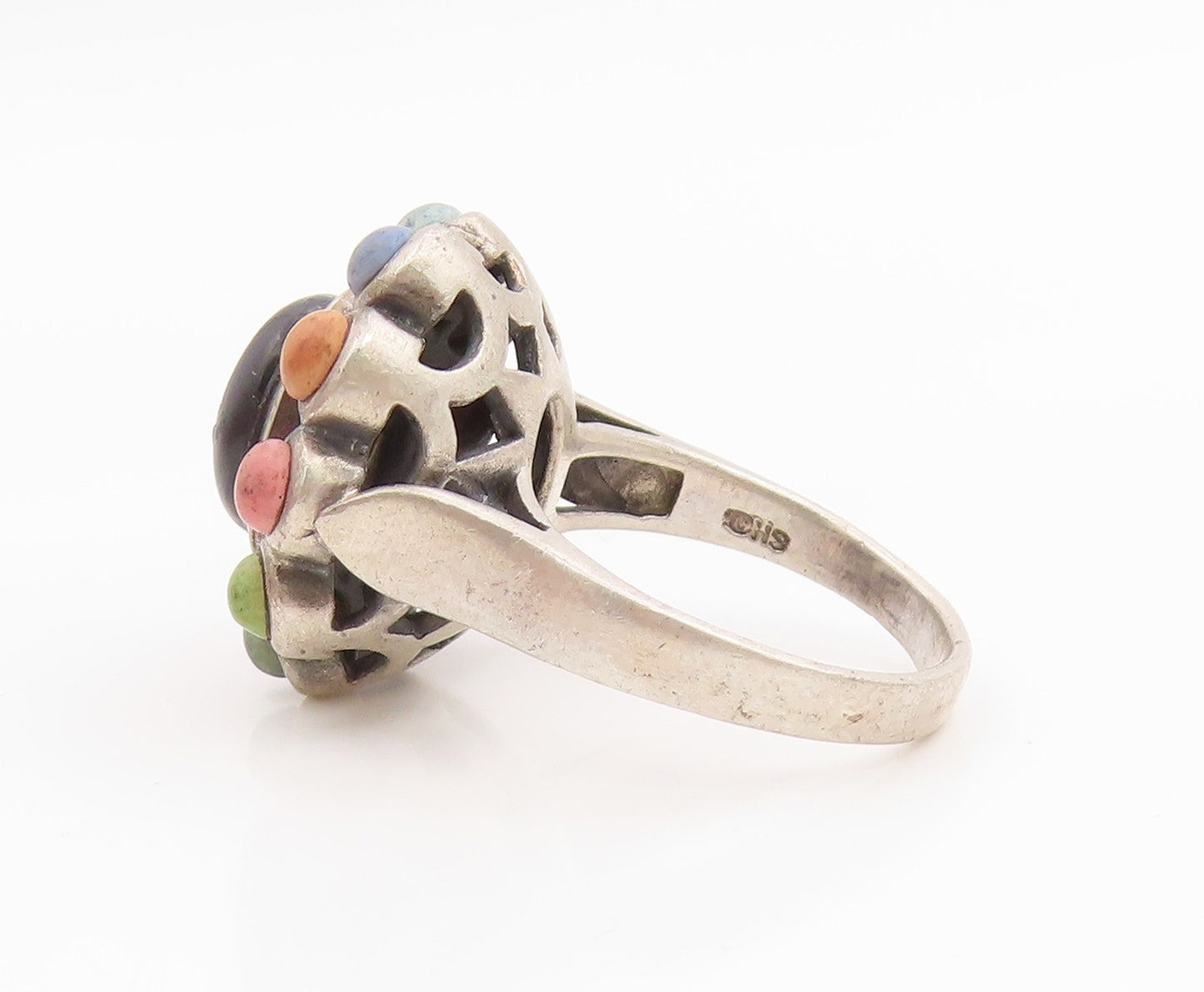 925 Sterling Silver Vintage Ring Onyx & Gemstone Flower Band  Sz 7.5  RG35741