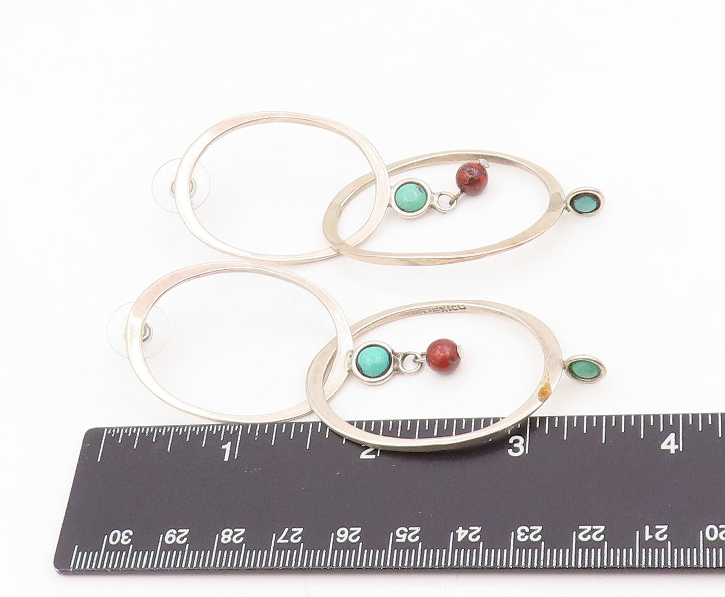 925 Sterling Silver Vintage Earrings Turquoise & Red Bead Abstract Hoop  EG13879