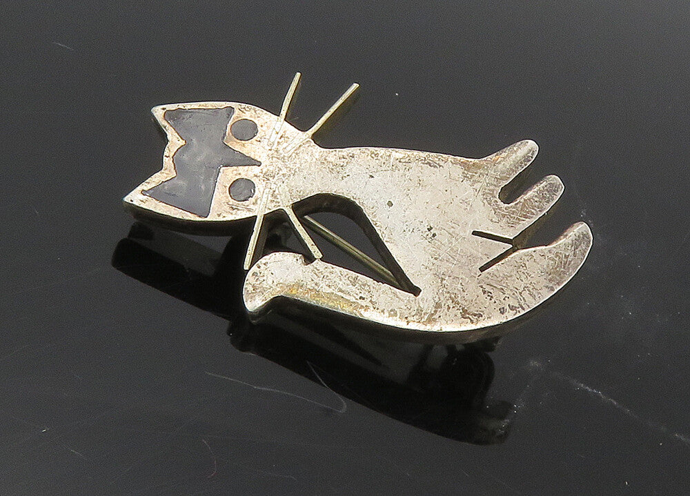 MEXICO 925 Sterling Silver  Vintage Inlaid Black Onyx Cat Brooch Pin  BP3970