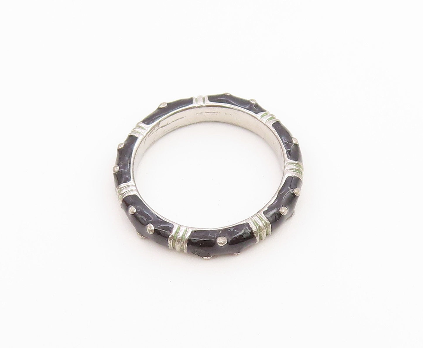 925 Sterling Silver Vintage Ring Modernist Enamel Studded Band  Sz 8  RG36720