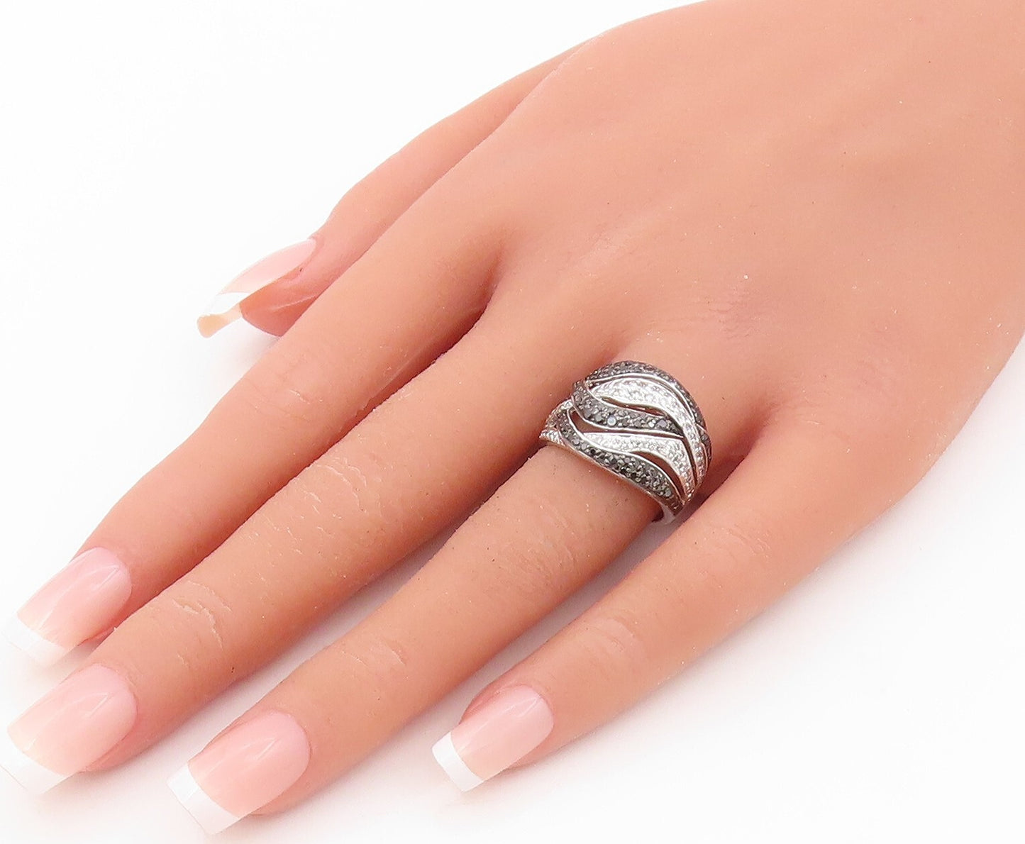 925 Sterling Silver Vintage Ring Swirly Wave Cutout Spinel CZ Inlay Sz 7 RG31840