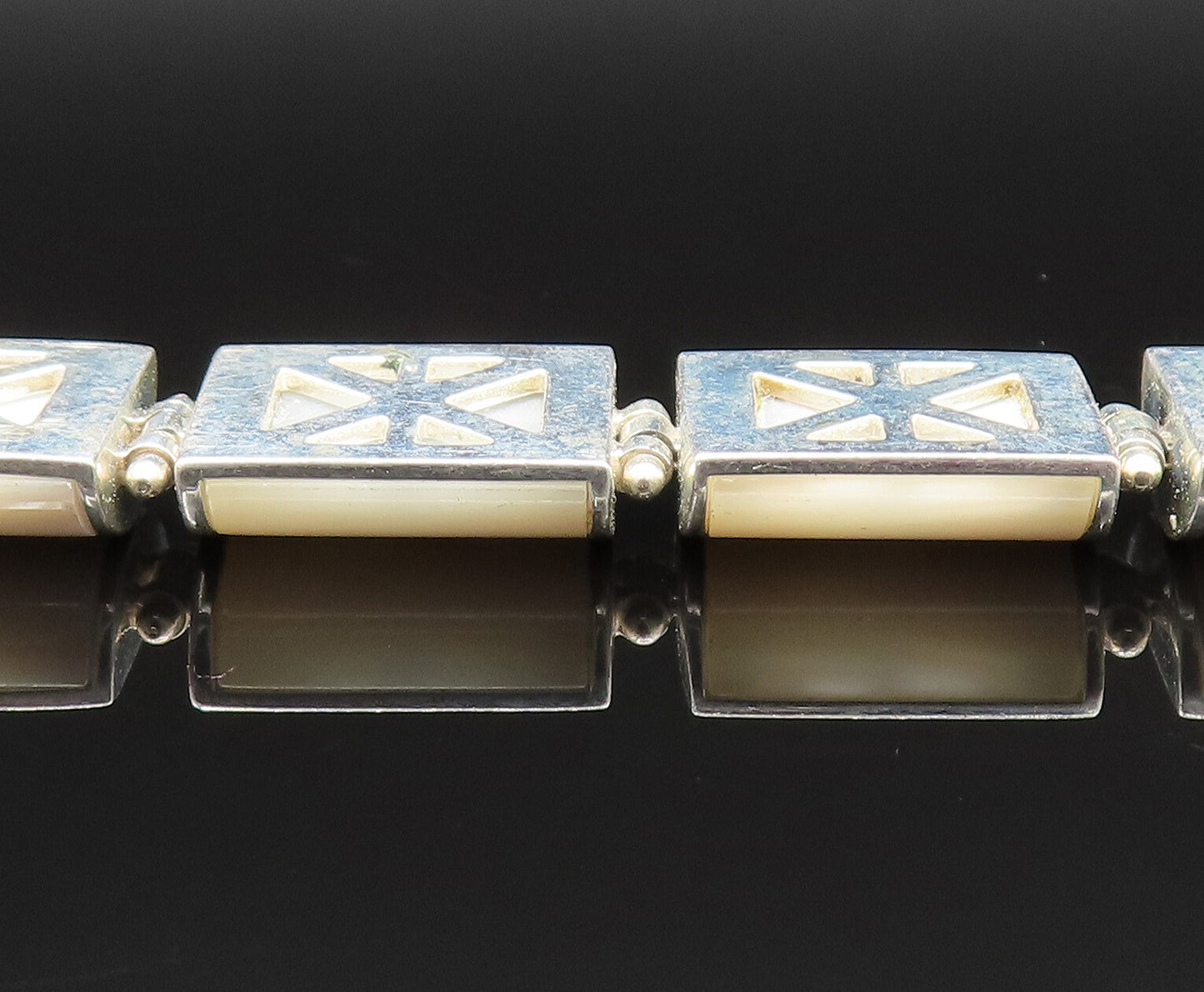 925 Sterling Silver  Vintage Rectangle Mother Of Pearl Tennis Bracelet  BT9516
