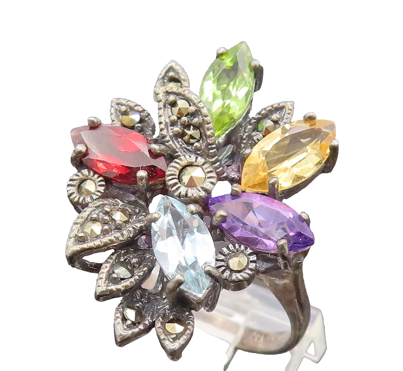 925 Silver  Vintage Amethyst Garnet & Gemstones Flower Ring Sz 7.25  RG26199