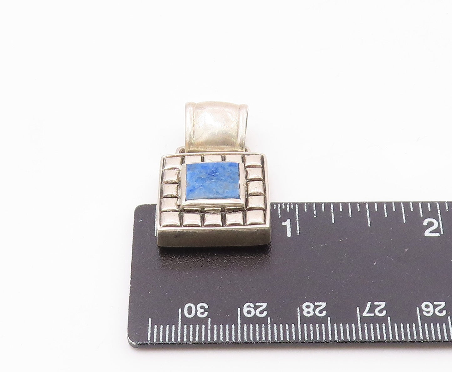 925 Sterling Silver  Vintage Lapis Lazuli Square Pattern Pendant  PT19185
