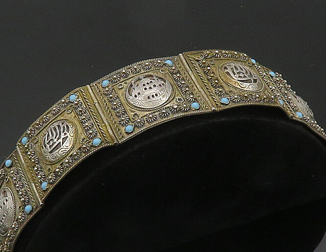 925 Sterling Silver Vintage Antique MIDDLE EAST Turquoise Chain Bracelet  BT8359