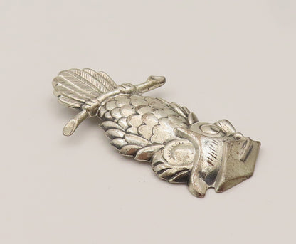 BEAU 925 Silver  Vintage Carved Standing Owl On Branch Brooch Pin  BP10219