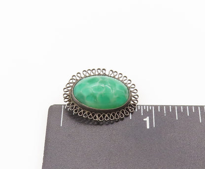 925 Sterling Silver Vintage Brooch Pin Cabochon Turquoise Halo Swirls  BP10711
