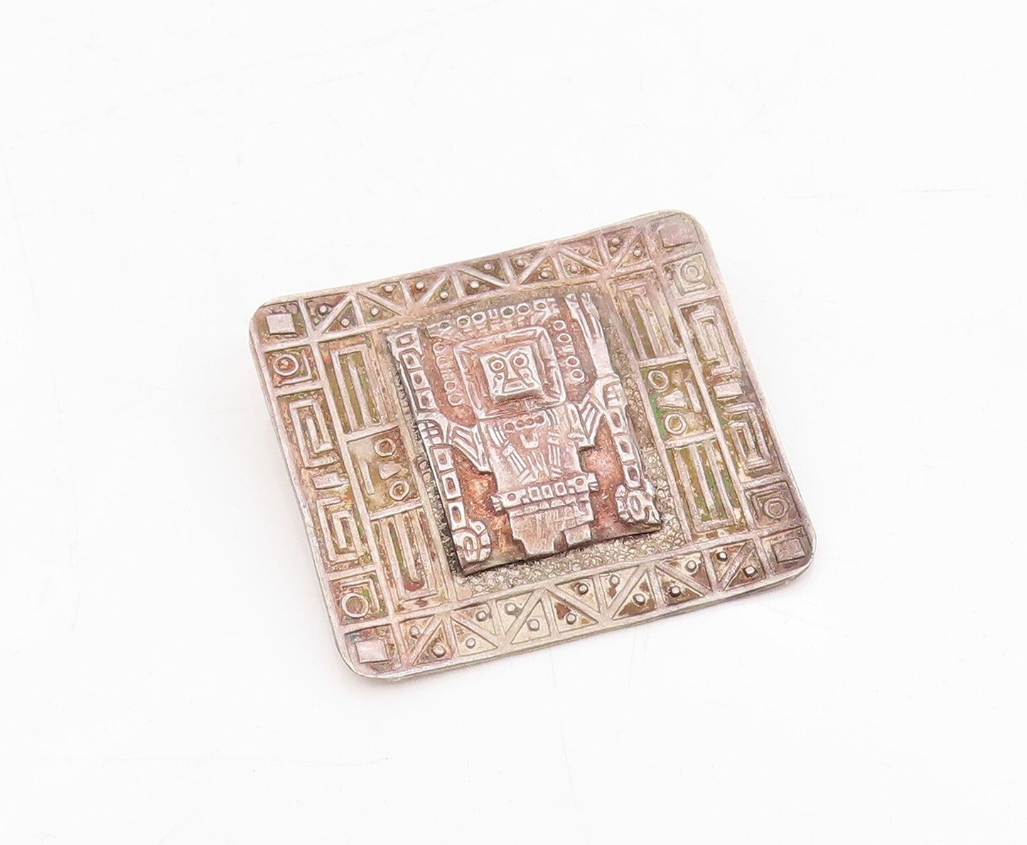 925 Sterling Silver Vintage Brooch Dark Tone Mayan Aztec Carved  BP11492