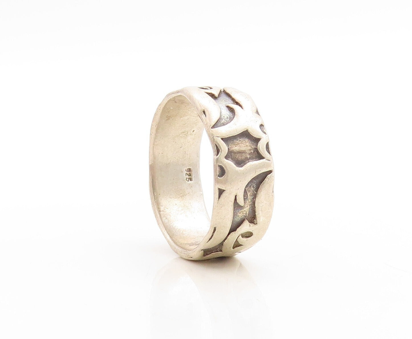 925 Sterling Silver Vintage Ring Solid Carved Fire Swirls  Sz 15  RG31255