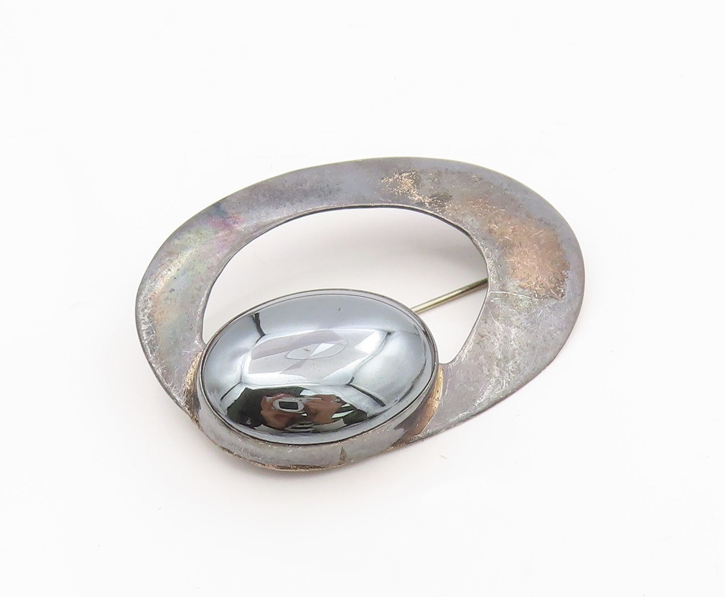 925 Sterling Silver Vintage Brooch Oval Hematite Modernist Geometric Pin BP12145