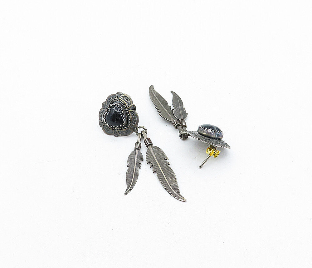 Q.T. NAVAJO 925 Silver  Vintage Black Onyx Love Heart Dangle Earrings  EG2189