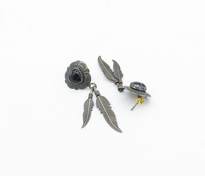 Q.T. NAVAJO 925 Silver  Vintage Black Onyx Love Heart Dangle Earrings  EG2189