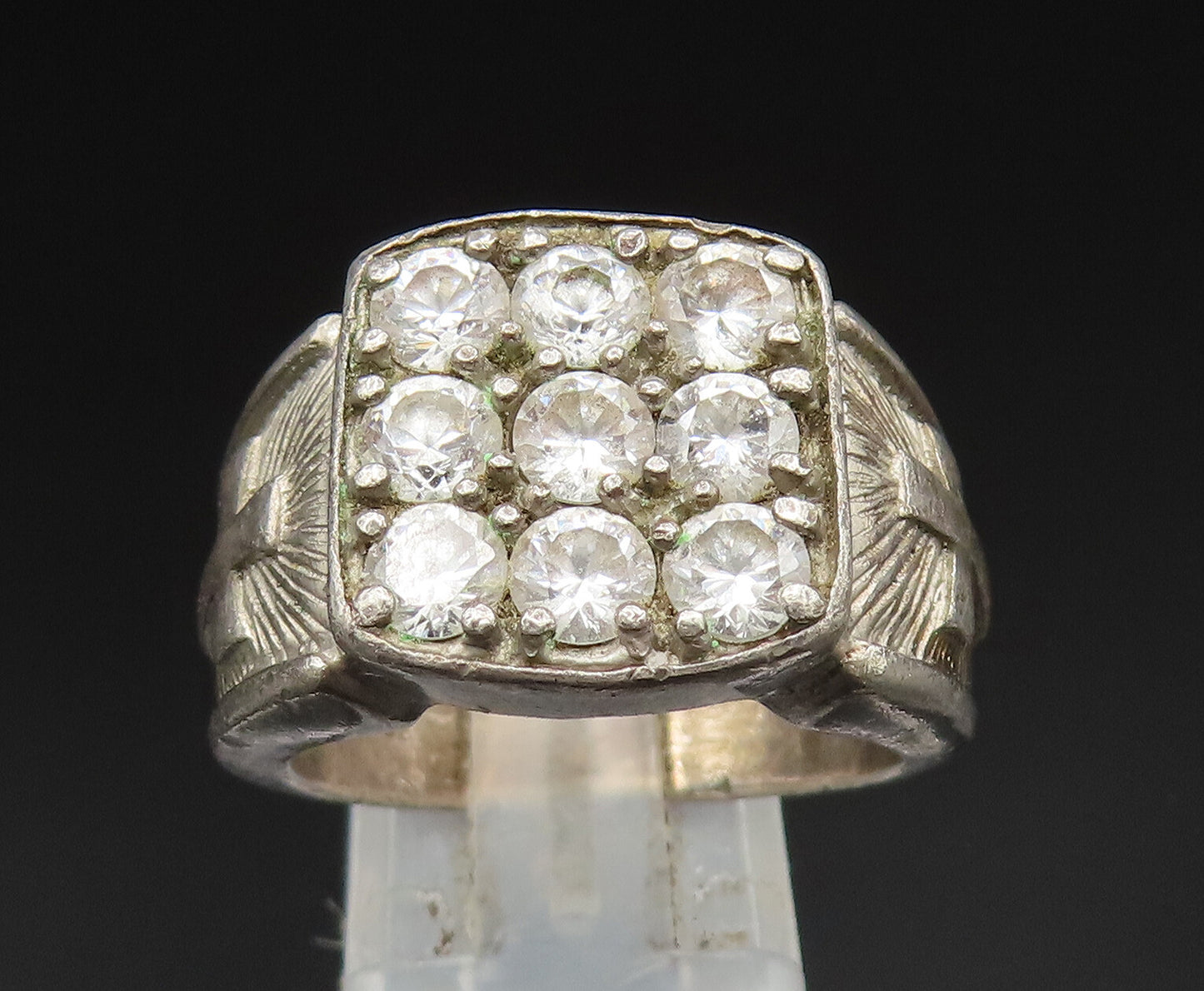925 Silver  Vintage Cubic Zirconia Religious Cross Signet Ring Sz 9  RG24872