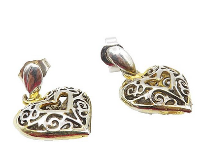 925 Sterling Silver  Vintage Two Tone Swirl Love Heart Drop Earrings  EG4703