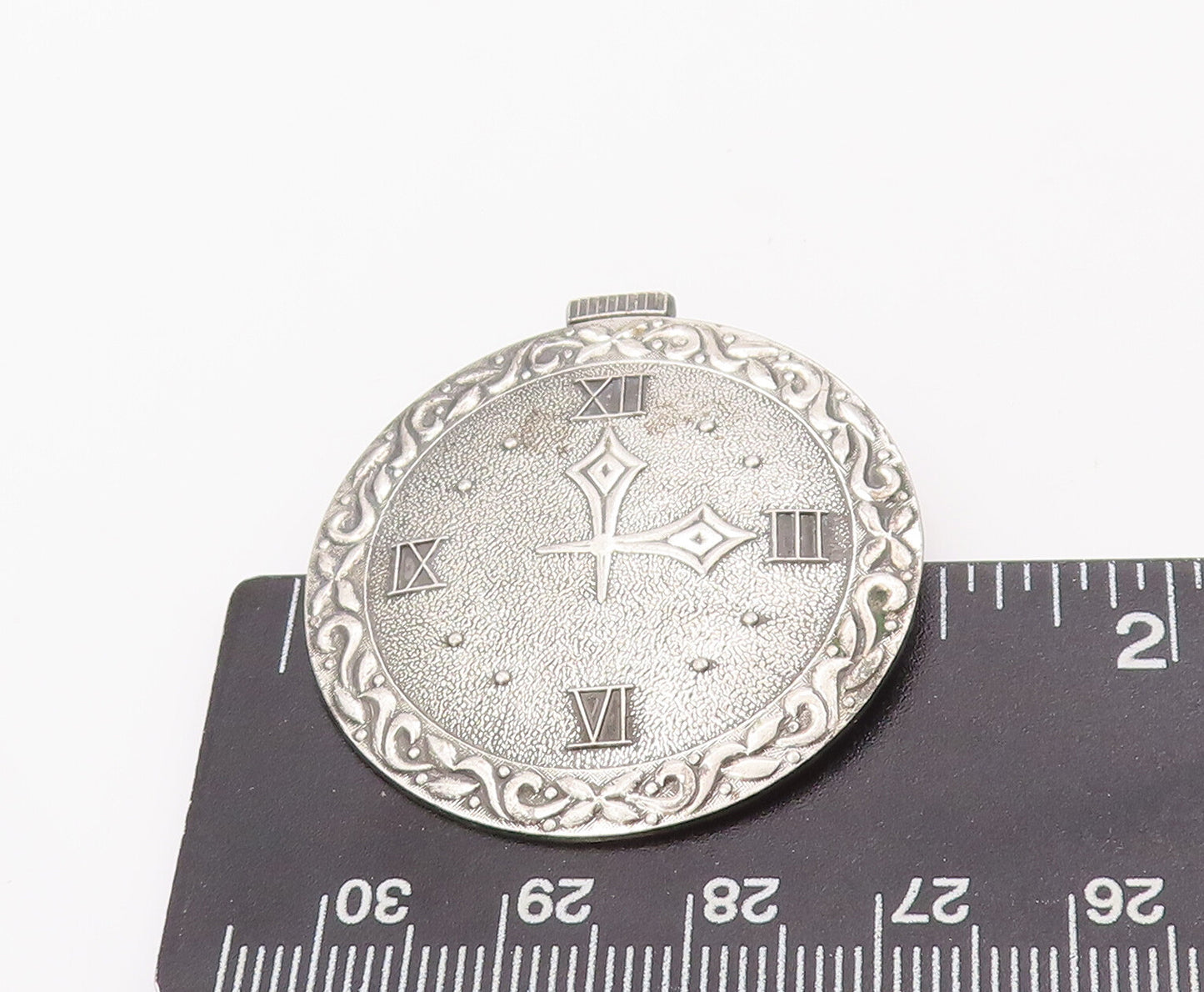 925 Sterling Silver Vintage Brooch Pin Swirly Carved Bordered Wall Watch BP10975
