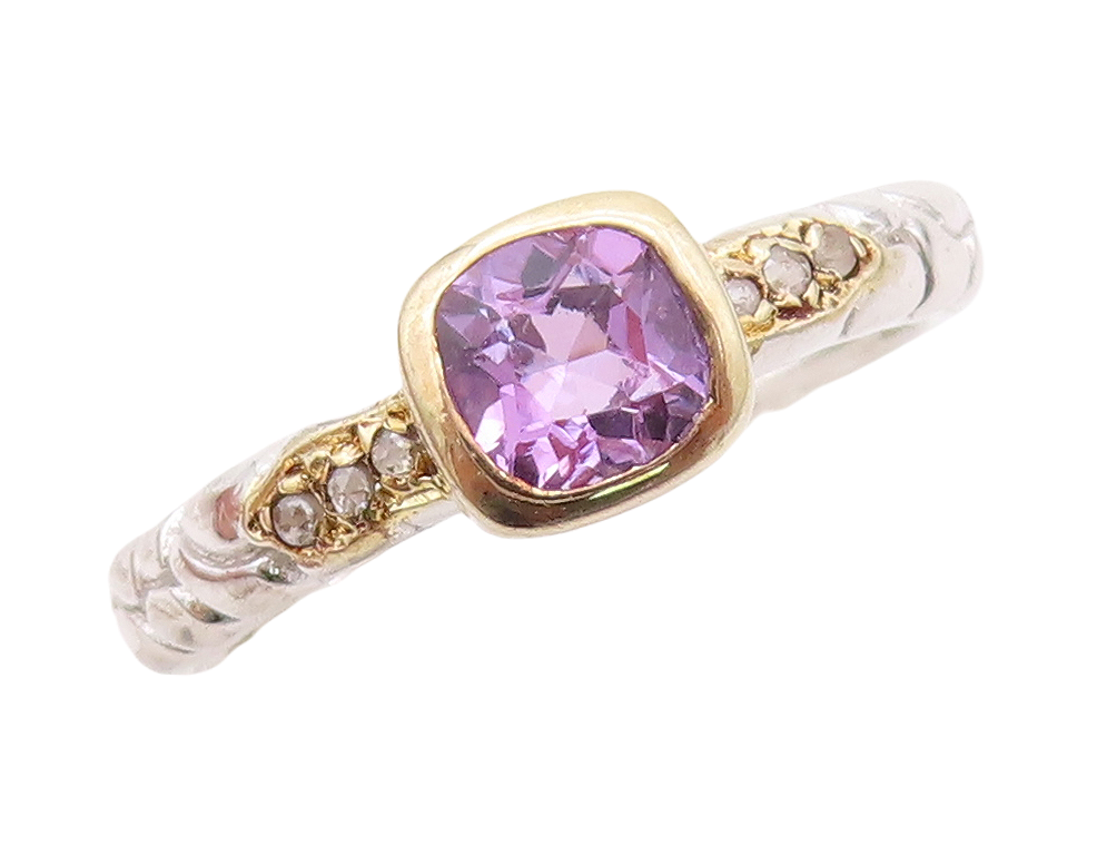 925 Sterling Silver Vintage Ring Diamonds & Square Amethyst Inlay  Sz 7  RG30453