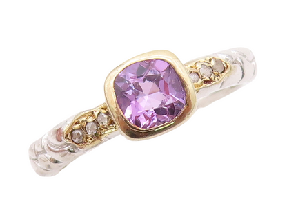 925 Sterling Silver Vintage Ring Diamonds & Square Amethyst Inlay  Sz 7  RG30453